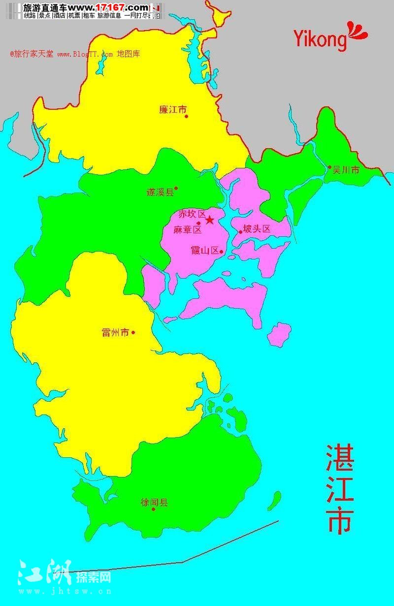 湛江行政图.每个区都各有特色.霞山和赤坎算是市中心.