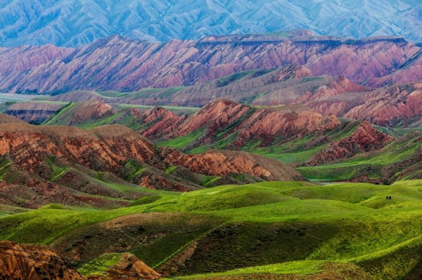 山顶冰川上形式各样的冰斗,冰碛,冰舌,冰湖,冰谷奇观历历可见.